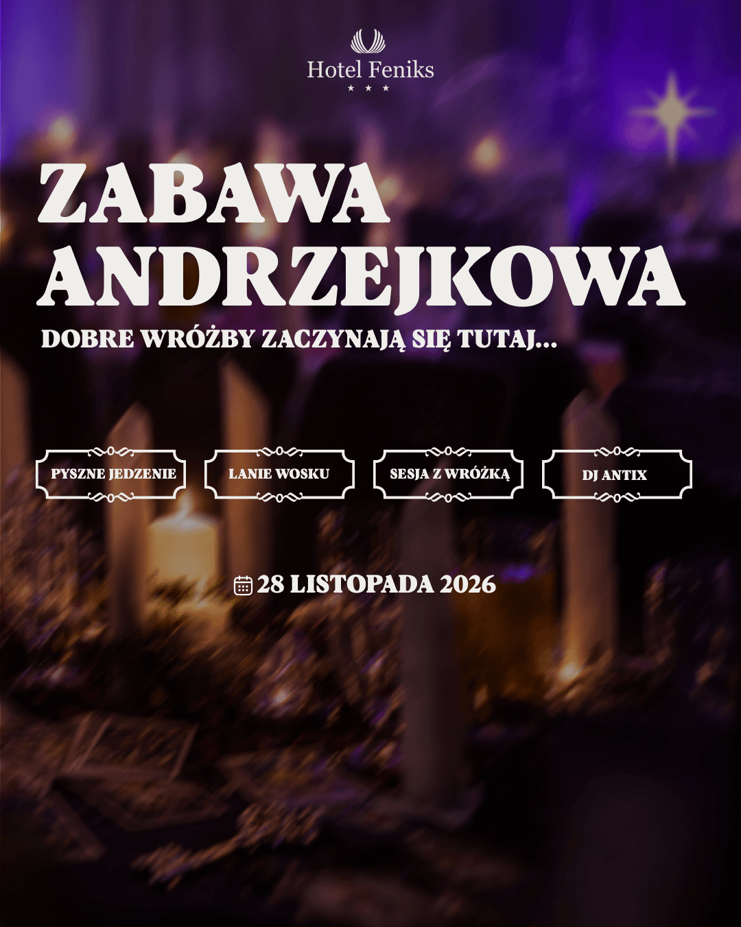 Grafika reklamująca Imprezę Andrzejkową 2026 w Hotelu Feniks w Gnieźnie