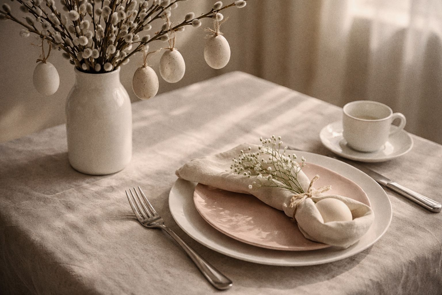 Nakryty stół na Wielkanoc, na stole wazon z baziami i zawieszonymi pisankami oraz talerze z ozdobnym jajkiem