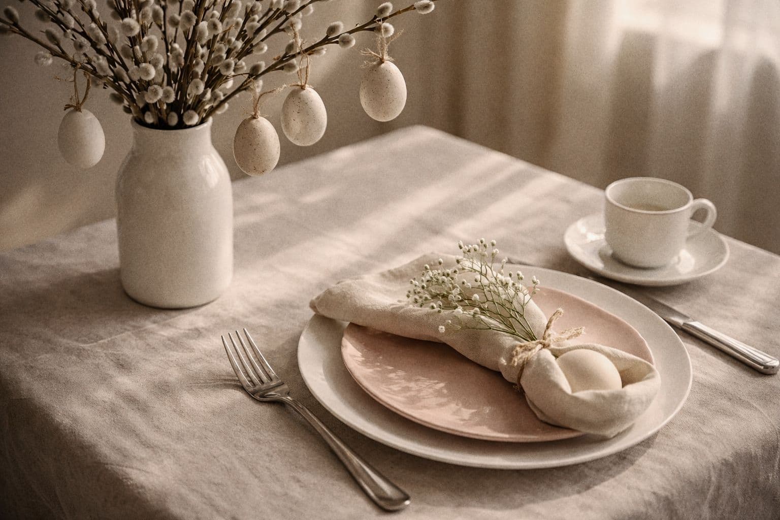Nakryty stół na Wielkanoc, na stole wazon z baziami i zawieszonymi pisankami oraz talerze z ozdobnym jajkiem